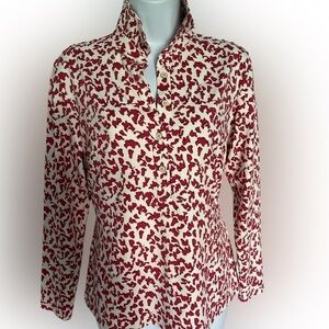 J McLaughlin Polo Top - S white , red print , polyester spandex